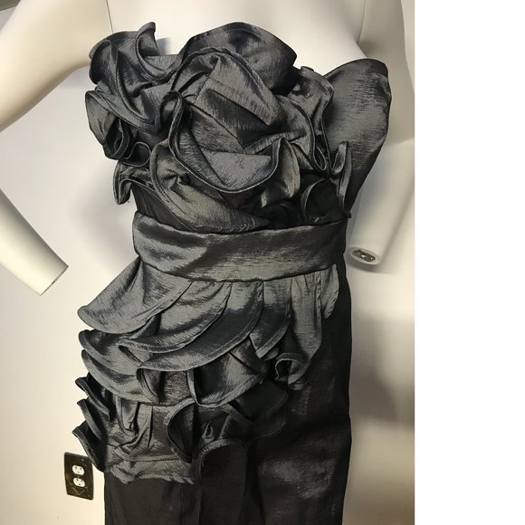 Le Chateau Gunmetal Grey Shiny Stretchy Flowy Ruffle bodycon dress Formal NWT - Picture 2 of 7